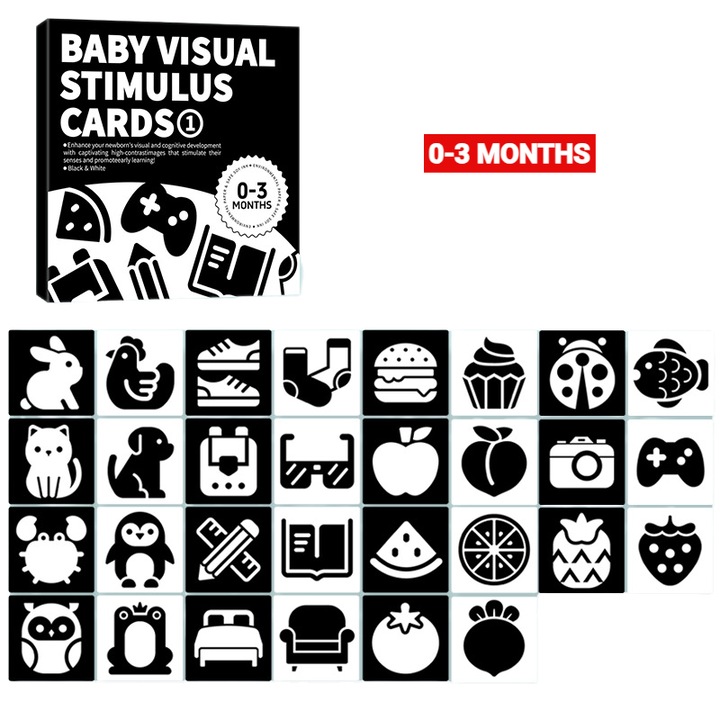 Комплект от 15 сензорни карти за бебета, визуална стимулация, 0-3 месеца, триизмерни фигури, черно/бяло