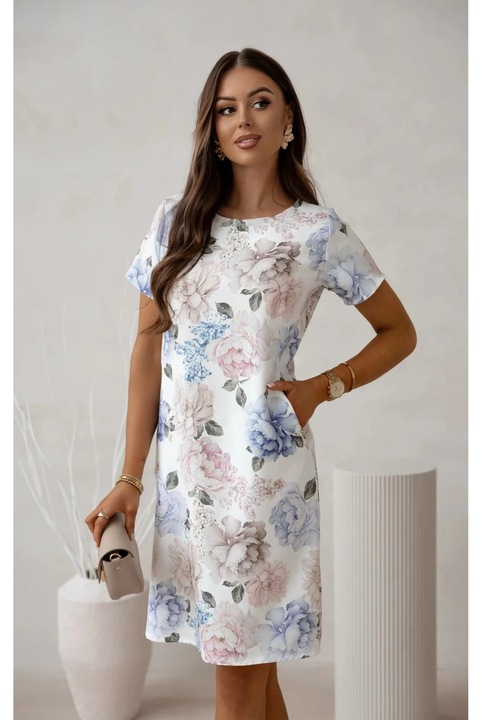 Rochie alba cu imprimeu floral pastel si croi drept, Alb