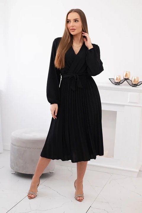 Rochie midi plisata neagra cu cordon in talie, Negru, One Size