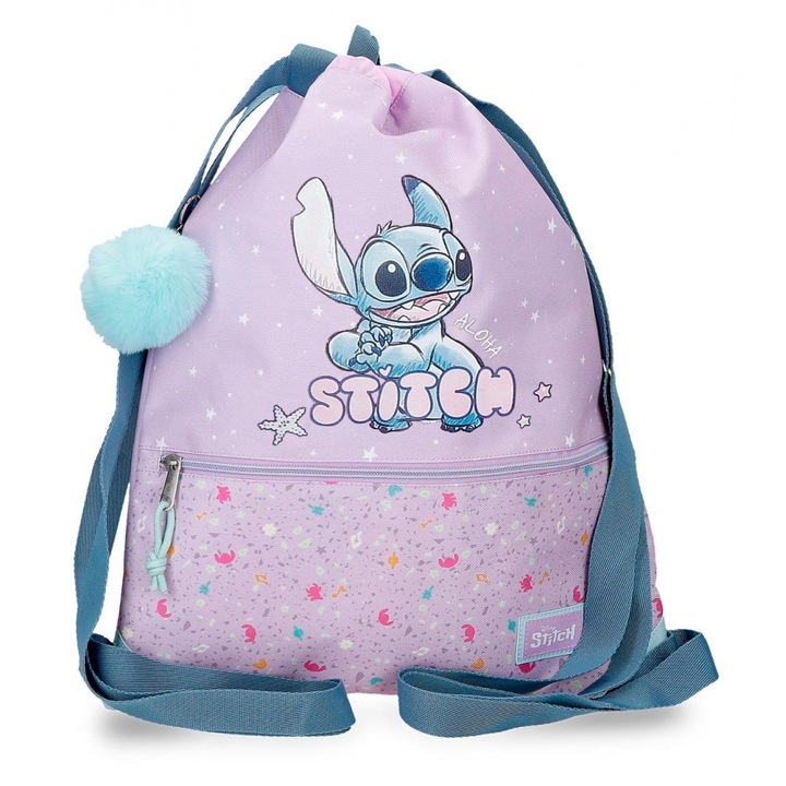 Sac sport fete, Disney Lovely Stitch, buzunar frontal, lila, 32x42x0.5 cm