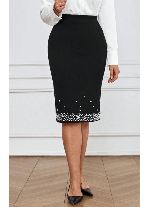 Fekete ceruzaszoknya gyöngy applikációkkal, Fekete