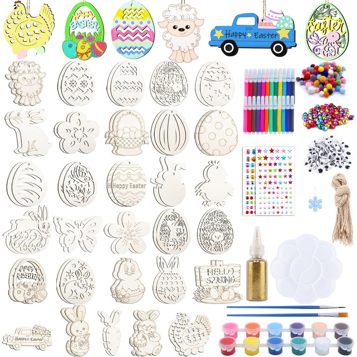 Set Creatie 264 Piese Sarbatori Pascale Pandantive de Paste din lemn pentru colorat si pictat, Decoratiuni de Paste cu sfoara, Artizanat de Paste, Ornamente din lemn