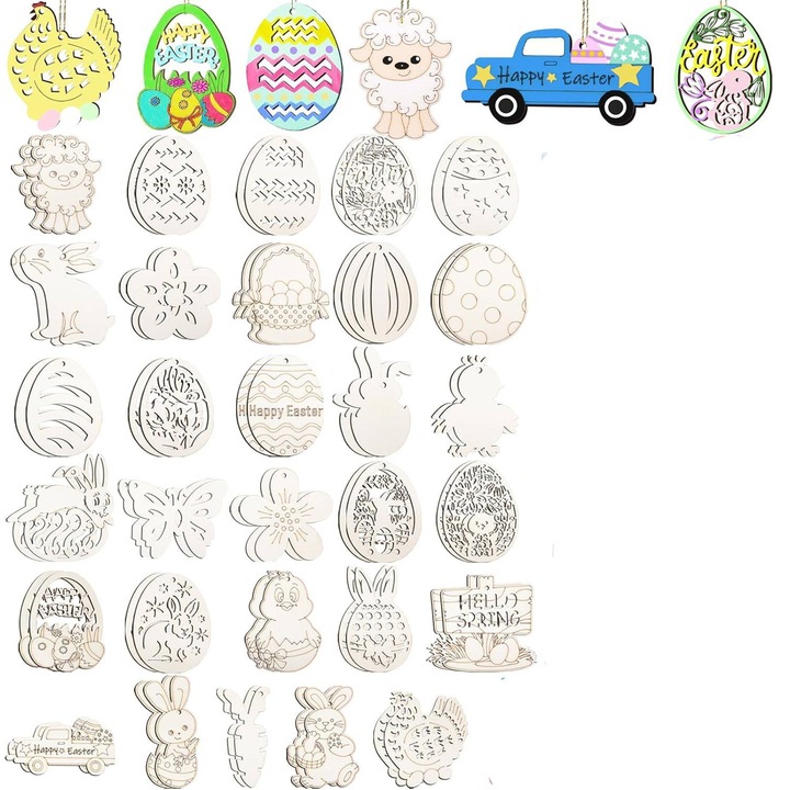 Pandantive de Paste din lemn pentru colorat si pictat, Decoratiuni de Paste cu sfoara, Artizanat de Paste, Ornamente din lemn, Pandantive DIY, Artizanat de Paste pentru copii, 30 modele, 30 bucati