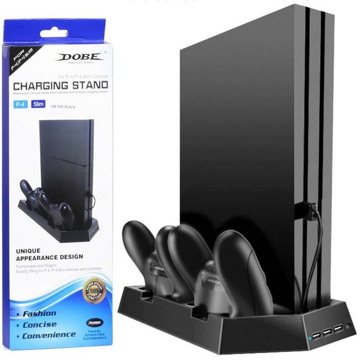 Statie de andocare cu racire, HB-P06-3in1-B, pentru PS4/PS4 Slim/PS4 Pro, 2 ventilatoare, 2 sloturi de incarcare pentru controler, hub USB 3.0, 420 g, alimentat de la retea, material: plastic, functie de racire, functie de incarcare pentru controler