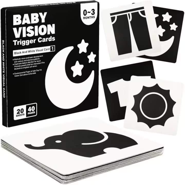 Set 40 imagini stimulare vizuala si cognitiva bebelusi, carduri alb-negru, 0-3 luni, Toyska®