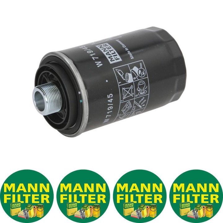 Filtru ulei Auto Mann Filter W 719/45 pentru AUDI A3, A4 ALLROAD B8, A4 B8, A5, A6 C7, A8 D4, Q3, Q5, TT, SEAT ALHAMBRA, ALTEA, ALTEA XL, EXEO, EXEO ST, LEON, TOLEDO III, SKODA OCTAVIA II 1.8-2.0H 09.04-10.18, 4 stickere Mann Filru