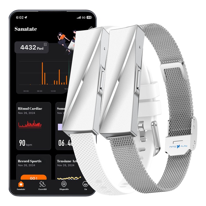 Умна фитнес гривна Nitoplay® Elegance, сребриста, 2 каишки, Bluetooth, GPS, Android/iOS, румънско меню, 20 дни автономия, водоустойчивост IP68, известия, пулс, кръвно налягане, SpO2, сън, стрес, калории, стъпки, менструация, 170+ спорта