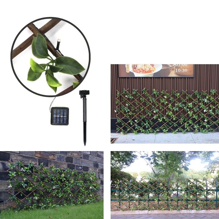 Pergola din Lemn cu Frunze Flori & Instalatie Solara cu 50 de Becuri LED cu 8 Programe 170x90cm - Alb Cald