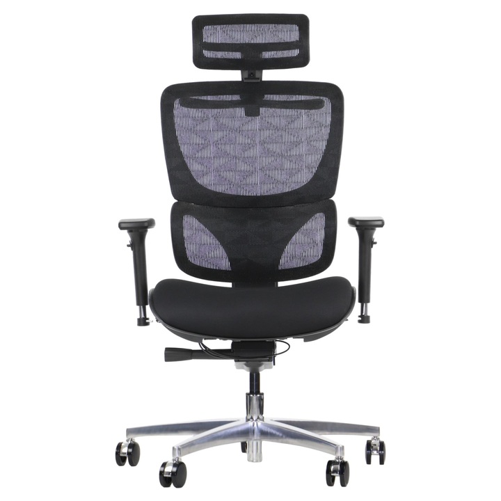 STEMA ErgoNew S1A ergonomikus forgószék, állítható fejtámla, kartámasz és deréktámasz, szövet ülés, alumínium alap, fekete