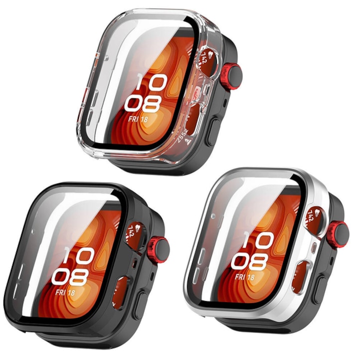 3 db-os védőtok készlet, Huawei Watch Fit 4-hez, PC, edzett üveg, átlátszó, fekete, ezüst