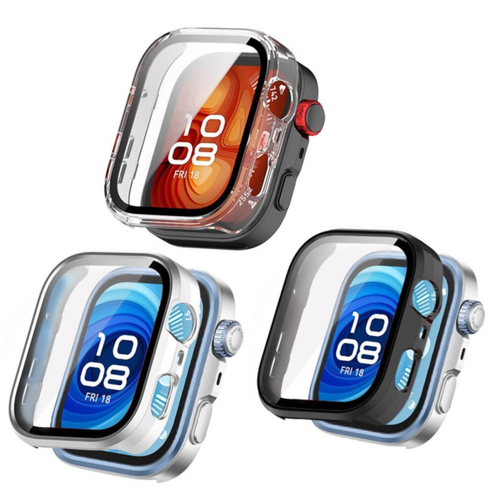 Set 3 huse protectie pentru HUAWEI Watch Fit 4 Pro, PC, sticla temperata, transparent, negru, argintiu