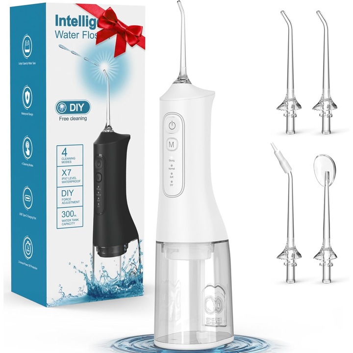Професионален спрей за устна кухина, преносим електрически иригатор за устна кухина, 1600 импулса/мин, 4 глави, 4 режима на почистване, режим „Направи си сам“, IPX7, резервоар 300 мл, защита от прегряване, нетоксични материали, бял
