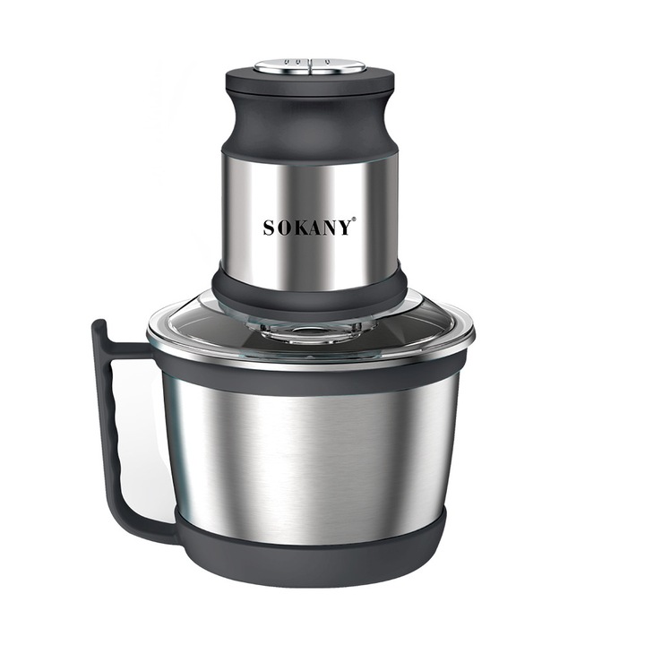 Месомелачка SOKANY, 2 регулируеми скорости, Острие от неръждаема стомана, 3L купа, Ергономична дръжка, Неплъзгаща се основа, 800W, Корпус от неръждаема стомана, Стандартен европейски щепсел, Цвят черен + сребрист
