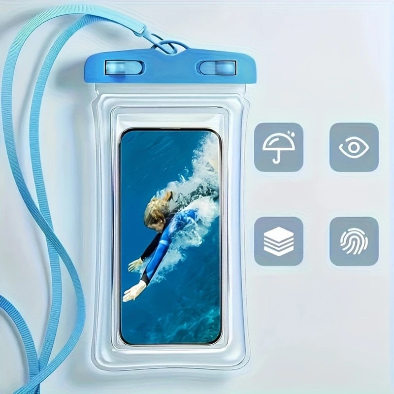 Punga de telefon impermeabila submersibila cu cordon, esentiala pentru calatoriile de croaziera de vacanta pe plaja, impermeabila si rezistenta la zapada, universala, transparenta, confortabila, albastra