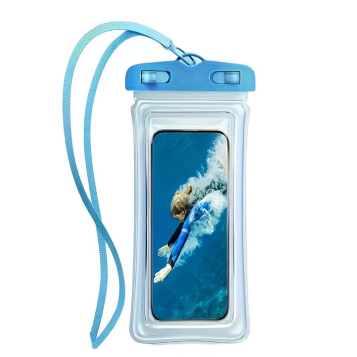 Punga de telefon impermeabila submersibila cu cordon, esentiala pentru calatoriile de croaziera de vacanta pe plaja, impermeabila si rezistenta la zapada, universala, transparenta, confortabila, albastra