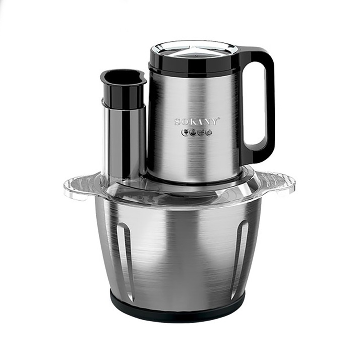 Masina de tocat carne multifunctional 6in1 SOKANY, Bol 3L, 3 Viteze Reglabile, Lama Inox 3-Stratura, Cu Batator de Ou, Scoarta de Usturoi, Taitor, Amestecator de Aluat, Separator de Ou, Maner Ergonomic, Baza Antiderapanta, 800W, Carcasa Inox, Priza Standa
