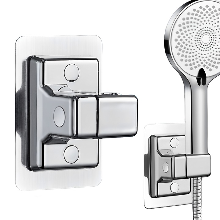 Suport pentru cap de dus ajustabil 360°, baza adeziva puternica FARA SURUBURI, rezistent la rugina si impermeabil, ABS, argintiu, usor de instalat pentru marmura, sticla, metal, ceramica, 12×8×6 cm