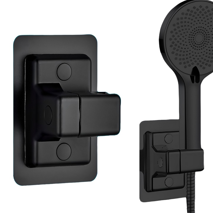Suport pentru cap de dus ajustabil 360°, baza adeziva puternica FARA SURUBURI, rezistent la rugina si impermeabil, ABS, negru, usor de instalat pentru marmura, sticla, metal, ceramica, 12×8×6 cm