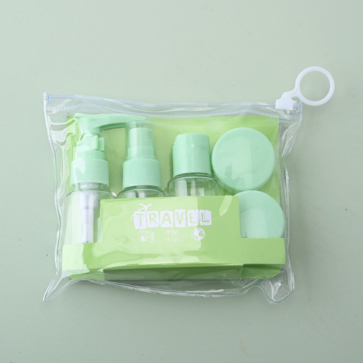 Set recipiente de calatorie, 7 piese, sticle reutilizabile, rezistente la scurgeri, pentru cosmetice, verde