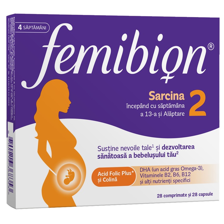 Suplimente pentru sarcina Femibion 2, saptamanile 13-40, DHA si alaptare, acid folic Plus & DHA, 28 comprimate + 28 capsule