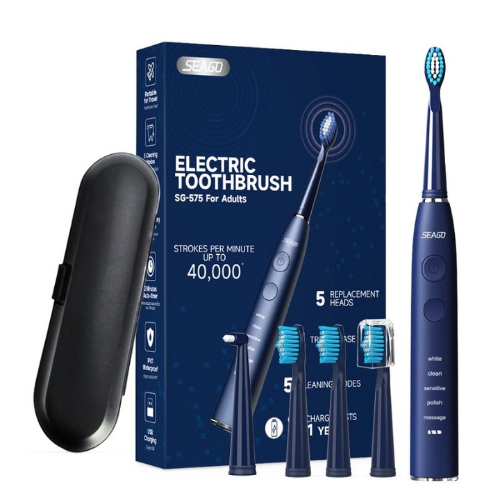 Periuta de dinti electrica sonica SEAGO SG-575 pentru adulti, 5 moduri de functionare, 40000 VPM, capete inlocuibile DuPont, incarcare USB, autonomie 150 zile, ultramarin