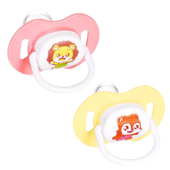 Set 2 suzete de noapte din silicon, model animale, 55x38mm, multicolor