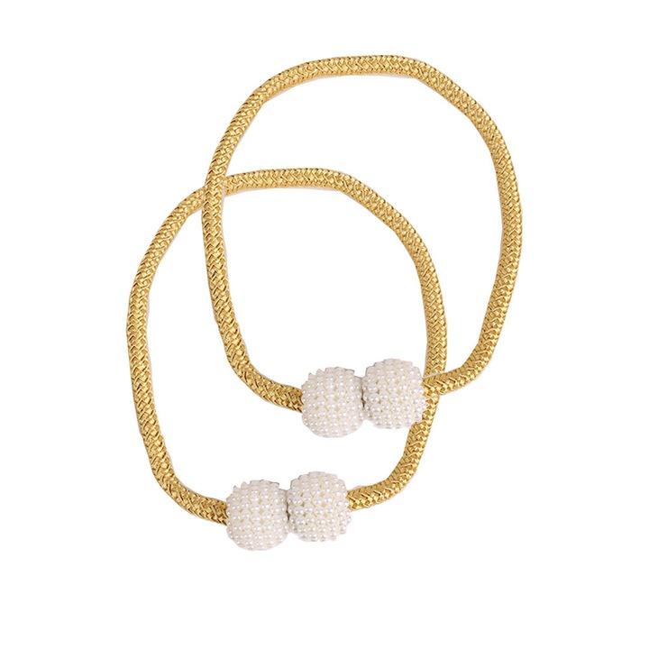 Set 2 inele magnetice pentru prindere perdele, catarama de perle, 48cm, auriu