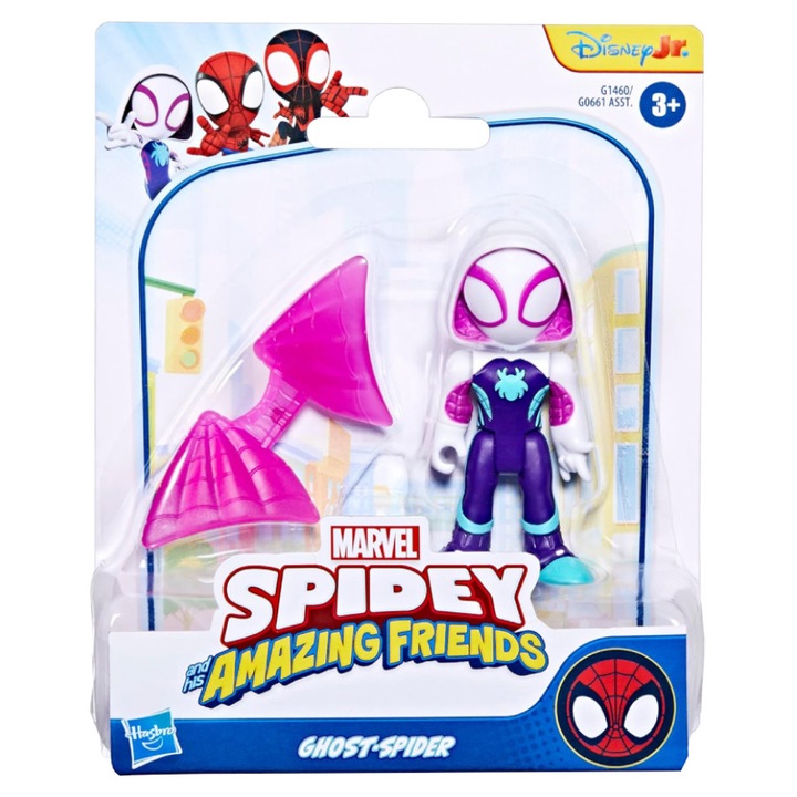 Figurina Hasbro Spidey și prietenii săi fantastici Ghost-Spider, 8 cm, multicolor, accesoriu cu aripi de păianjen