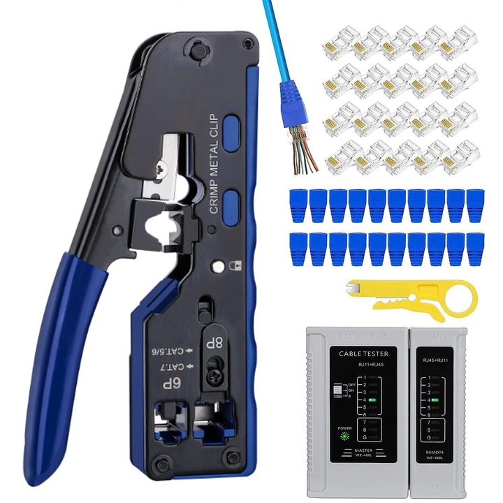 Комплект устройство за кримпване / тестване на RJ45 кабели, OTTOOPPXIN®, многофункционален, черен, компактен