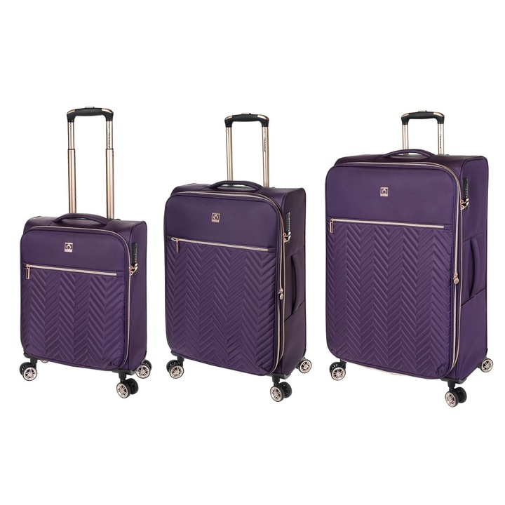 Комплект куфари разтегателни Diplomat Monaco, 1 кабинен и 2 регистрирани багажа, цип против кражба, полиестер, TSA комбинация, лилаво
