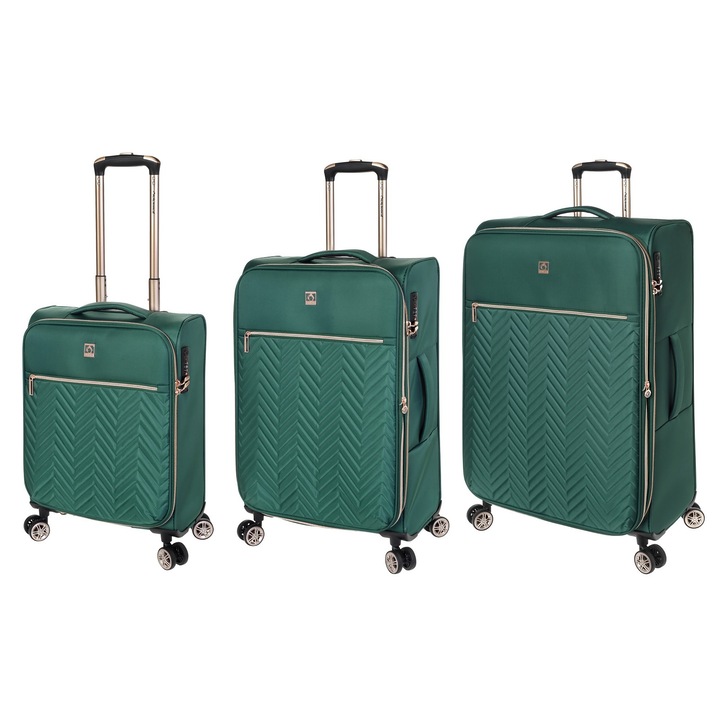 Комплект куфари разтегателни Diplomat Monaco, 1 кабинен и 2 регистрирани багажа, цип против кражба, полиестер, TSA комбинация, зелен