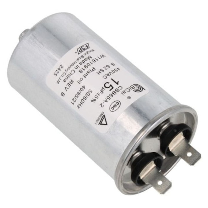 Condensator pornire motor Whirlpool 15 mF, 475 V, radial, 79mm, temperatura 85C