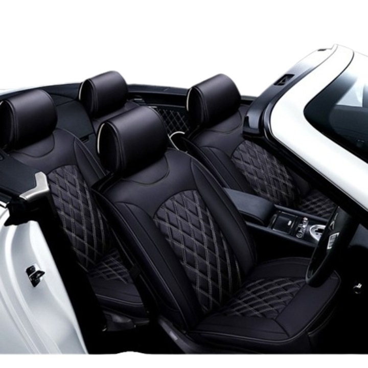 Set complet de huse pentru scaune, culoare neagra cu cusaturi albe