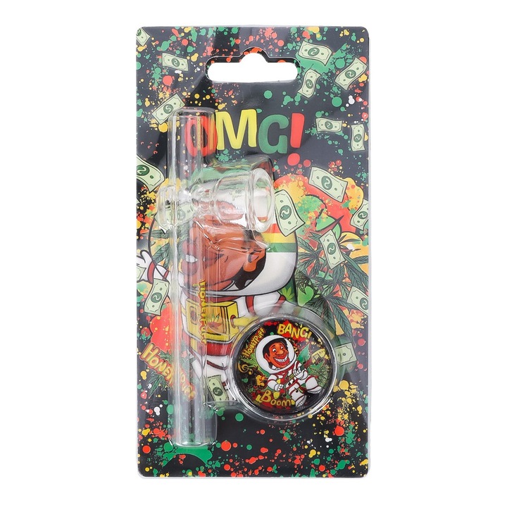 Set Tiny Honeypuff, mini pipa sticla, grinder plastic