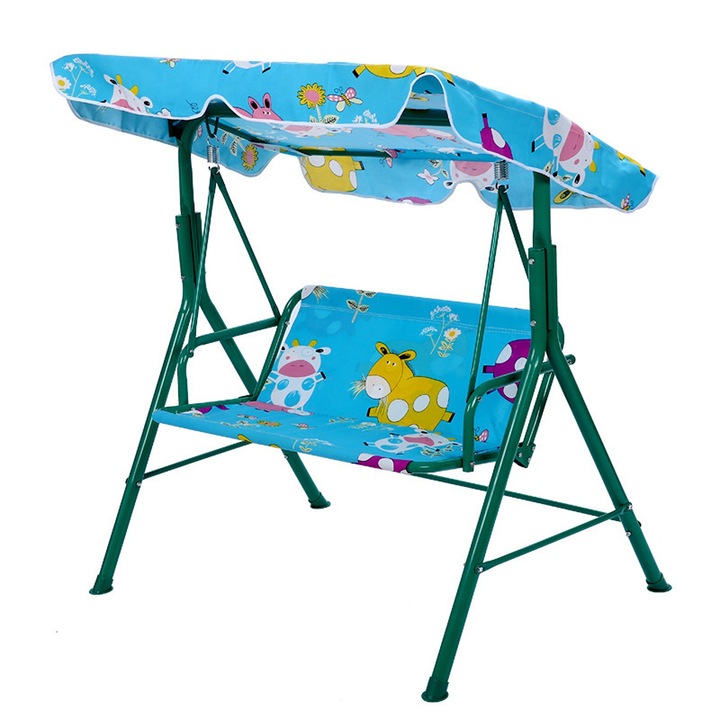 Balansoar copii 2 locuri cu acoperis, metalic, model animale colorate, 115x75x110 cm, pentru gradina/terasa, Brivoo®