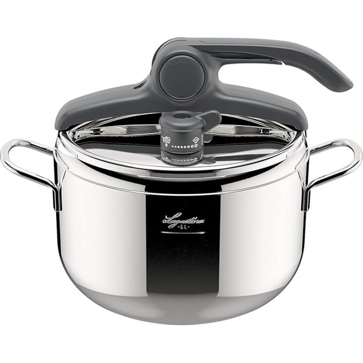 Lagostina Irradial Control Lagoeasy'UP – Oala sub presiune de 5 litri, diametru 22 cm, compatibila cu inductie si gaz, cu deschidere usoara a capacului, baza cu 3 straturi Irradial Plus