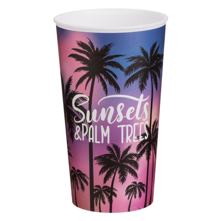 Pahar din Plastic Roz Lila cu Imprimeu Palmieri 650ml