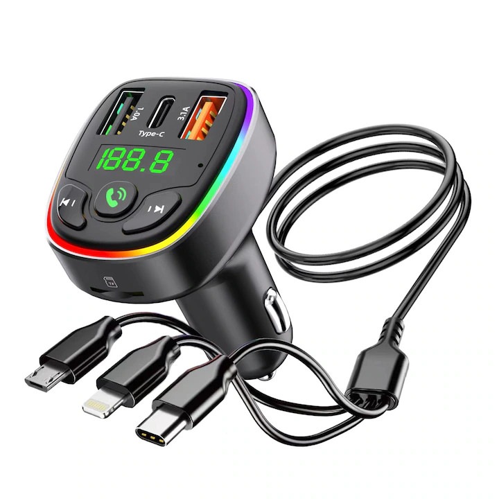 Transmiator FM Bluetooth Auto HM137-A Cu Incarcare Rapida, 3 In 1 Cablu, Porturi USB Si Type-C, LED RGB, Suport TF Card, MP3 Player Si Functie Hands-Free