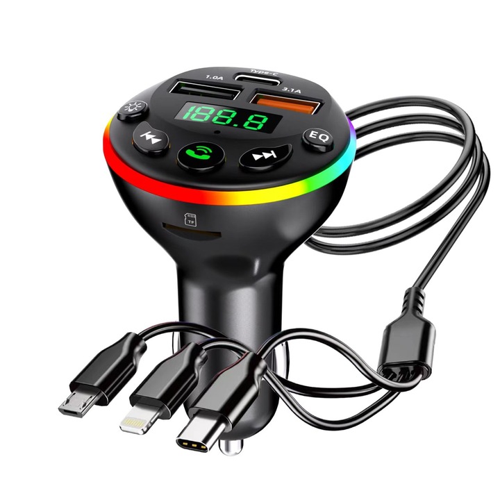Bluetooth autós FM adó 3 az 1-ben kábellel, digitális LED kijelzővel, RGB világítással, TF nyílással, 2x USB, C típusú csatlakozóval, gyorstöltéssel, beépített mikrofonnal, MP3 lejátszással és hívásvezérléssel – kompatibilis 12V-24V-os tápegységgel