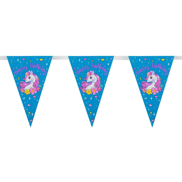 Ghirlanda de petrecere 10 stegulete triunghiulare bleu unicorn 3.66m
