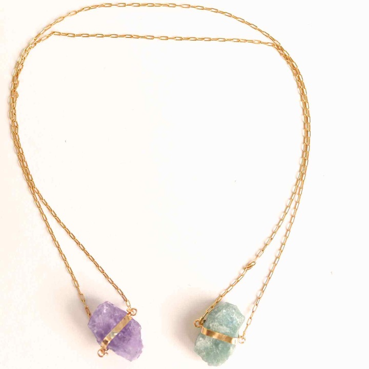 Colier Ametist si Acvamarin Brut din Argint 925 Placat cu Aur 18K - Echilibru Emotional si Claritate Mentala