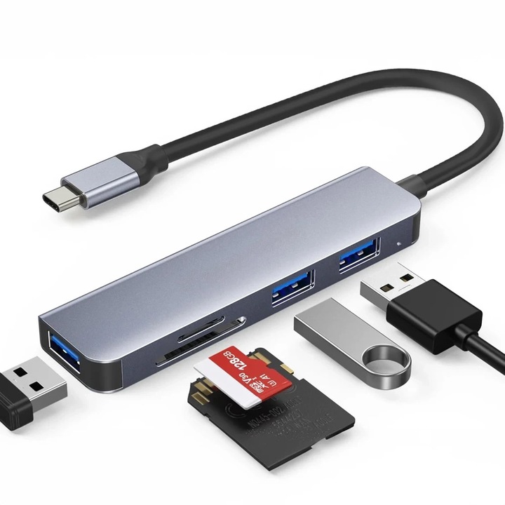 Hub, USB-C, splitter 5-in-1, 3x USB, SD, TF, adaptor, cablu USB inclus, negru, material: plastic, viteza mare de transfer de date USB 3.1, drivere incorporate, protectie impotriva supratensiunii si a supraincarcarii