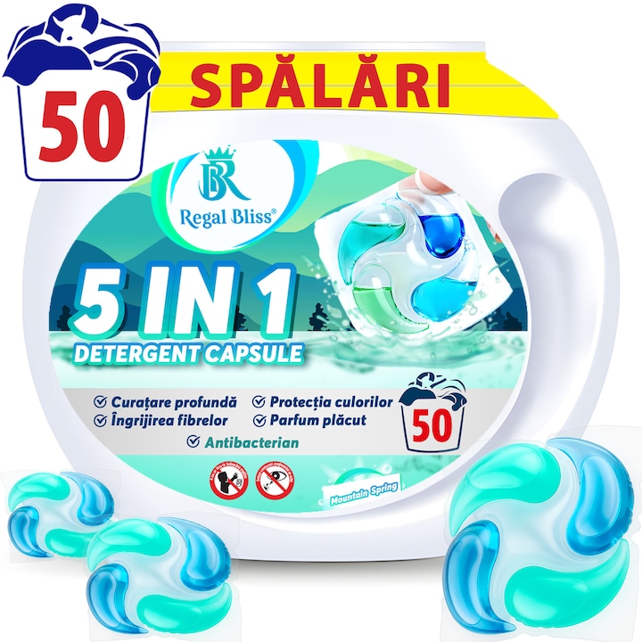 Detergent de rufe capsule Regal Bliss ® 5in1 pods pentru curatarea si protectia hainelor, detergent lichid concentrat si antibacterian, delicat cu pielea sensibila, indepartare eficienta a petelor, parfum de lunga durata, Mountain Spring, 50 Spalari