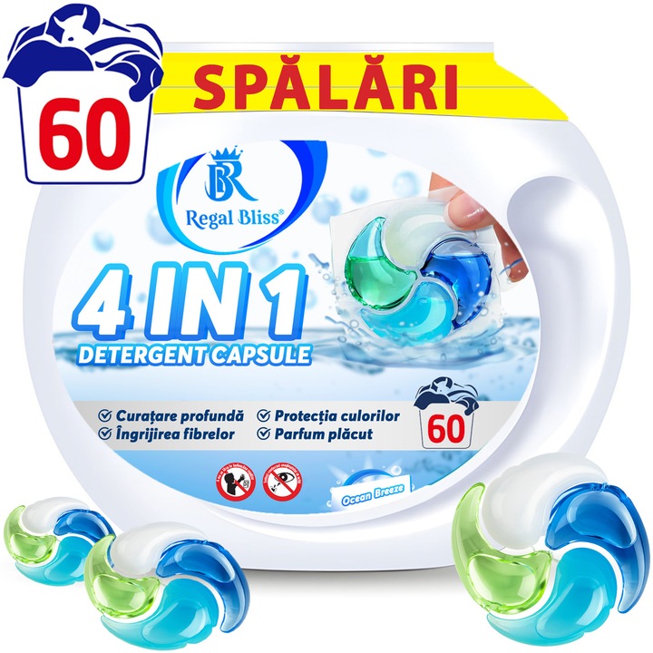 Detergent de rufe capsule Regal Bliss ® 4in1 pods pentru curatarea si protectia hainelor, capsule detergent lichid concentrate si parfumate, delicat cu pielea sensibila, indepartare eficienta a petelor, parfum de lunga durata, Ocean Breeze, 60 Spalari