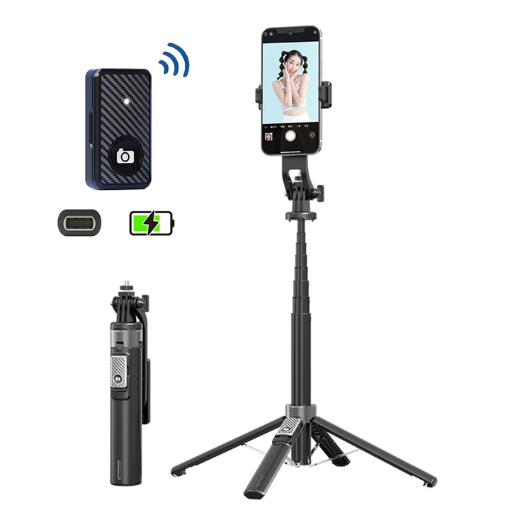 Селфи стик Asopal, Преносим, разтегателен 21.7 см - 135 см, презареждащо се Bluetooth дистанционно управление 10 м, универсален