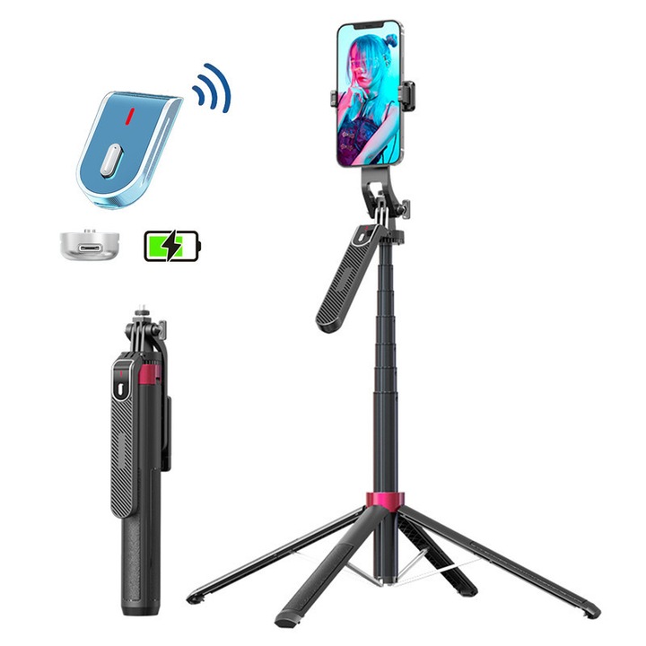 Селфи стик Asopal, разтегателен 180 см, с презареждащо се Bluetooth дистанционно управление, система за въртене, стойка с 4 крака
