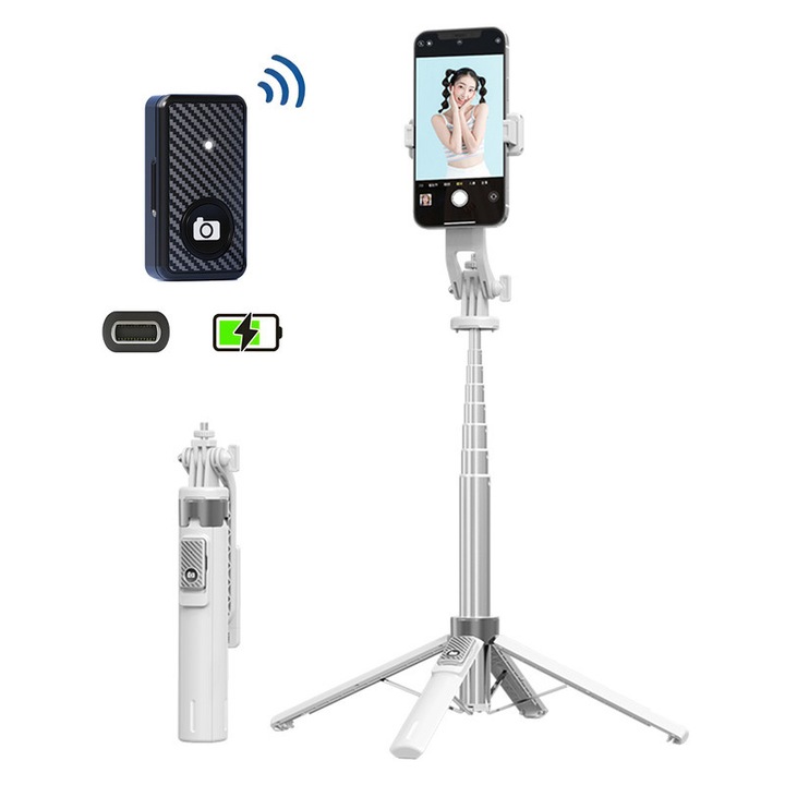 Селфи стик Asopal бял, телескопичен, презареждащо се Bluetooth дистанционно управление, 4-крак статив, 21.7x135см