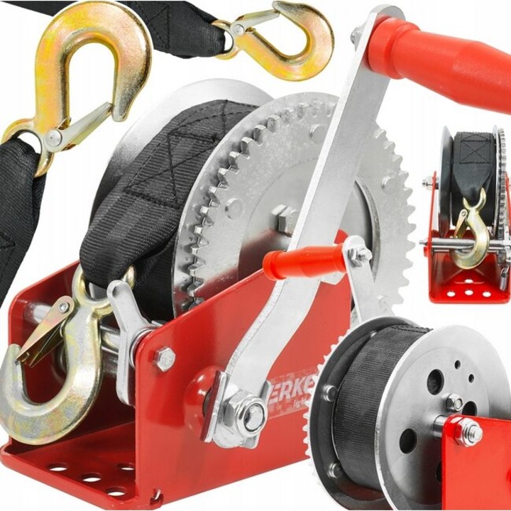 Troliu manual, vinci, 850 Kg, lungime curea 10m, grosime cablu 5 mm, mecanism cu clichet, Verke