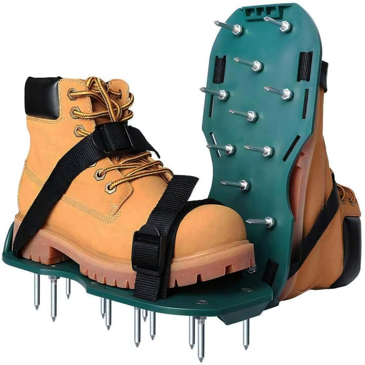 Set 2 aeratoare manuale pentru gazon VarioShop®, cu 26 de tepi din otel, talpi cu curele reglabile pentru afanarea solului, cresterea ierbii si drenaj eficient in gradina, Verde