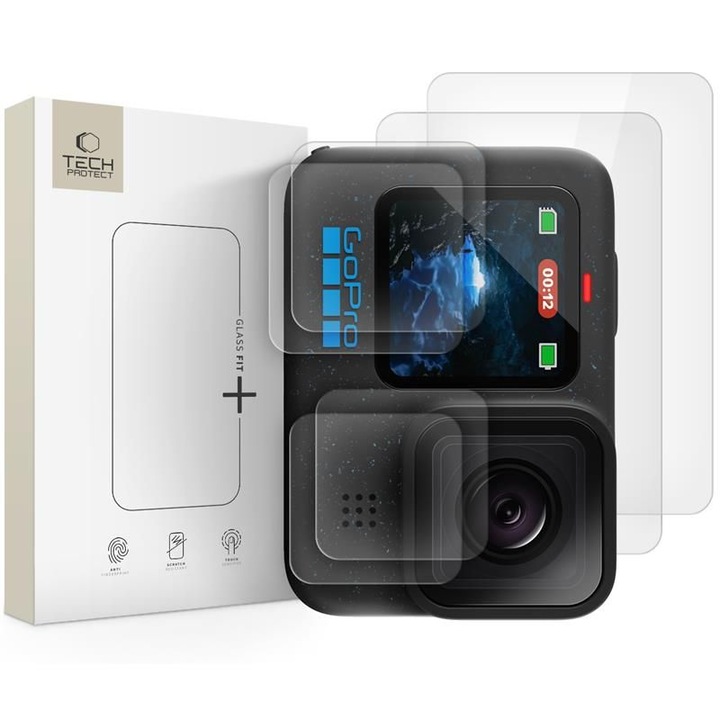 Комплект от 6 защитни фолиа TECH-PROTECT Glass Fit+ за обектив и дисплей за GoPro Hero 9/10/11/12 Clear спортна видеокамера